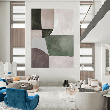 Contemporary abstract painting featuring serene green and grey shapes on a soothing beige background, perfect for minimalistic decor. DLZ0881