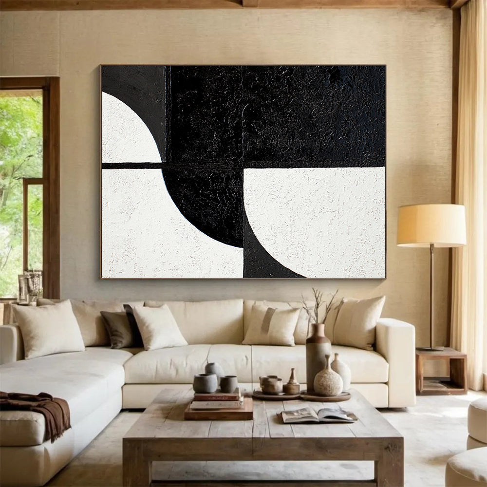 Black & White Geometric Shapes - “Minimalist Form Fusion” Painting On Canvas HB228