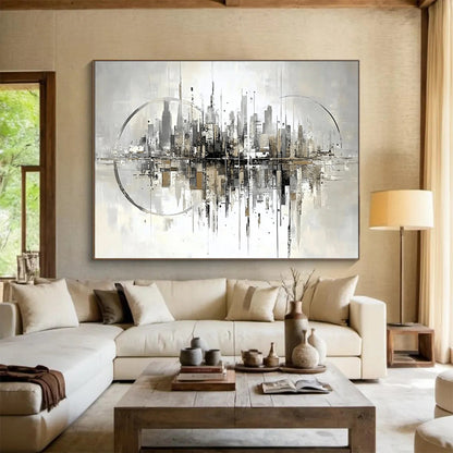 “Abstract Cityscape Reflection” - Gray, Beige, City, Reflection Painting On Canvas HB0765
