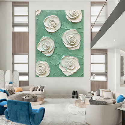 Contemporary abstract art featuring mint green and white rose embossing on a textured impasto background creates a captivating visual experience. DLZ1644