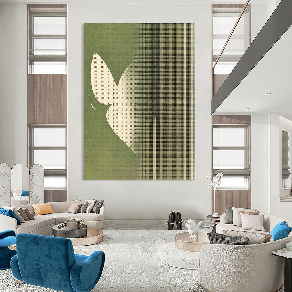 Contemporary abstract art featuring minimalist butterfly wings in white against a muted green striped background creating a serene and harmonious atmosphere. DLZ1641
