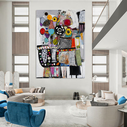 Contemporary abstract painting featuring collage-style car engine crafted from diverse materials in a vibrant palette of colors including black white red and blue. DLZ0953