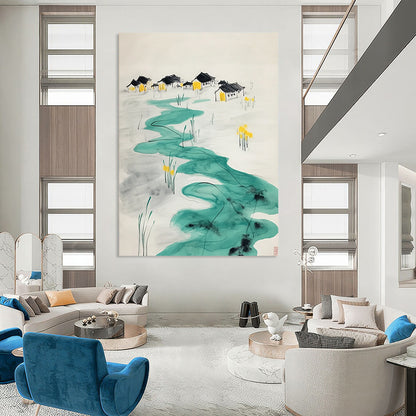 Contemporary hand-painted abstract art features turquoise ripples leading to village houses with yellow figures at an oasis surrounded by serene water lilies. DLZ1565