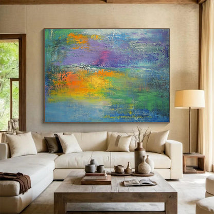 “Colorful Abstract Landscape” - Green, blue, purple, orange, yellow; Colorful abstract landscape with thick brushstrokes; Oil Painting On Canvas HB1275