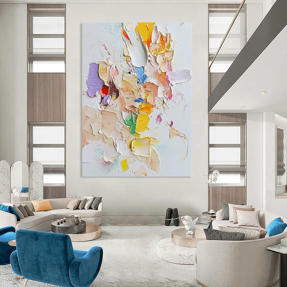 Contemporary abstract art featuring light pastels on white canvas with palette knife technique and assembled cut-out pieces for a unique textured effect. DLZ0882