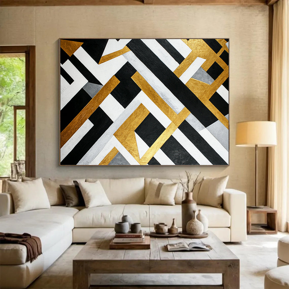 Black, White, Gold, Gray, Interlocking Shapes "Golden Grid" Abstract Modernist Painting On Canvas HB110