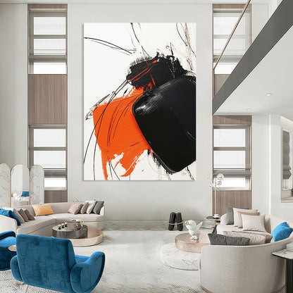 Contemporary abstract artwork features bold black and orange strokes on white, complemented by minimalistic line drawings for striking contrast. DLZ1537