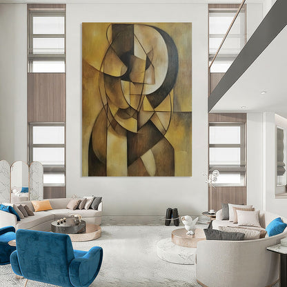 Contemporary hand-painted abstract artwork featuring geometric shapes and earthy tones on a muted yellow background, emphasizing depth and simplicity. DLZ1238