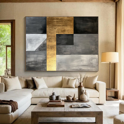 Gray, Black, Gold and White Geometric Fusion "Sophisticated Union" Painting On Canvas HB360