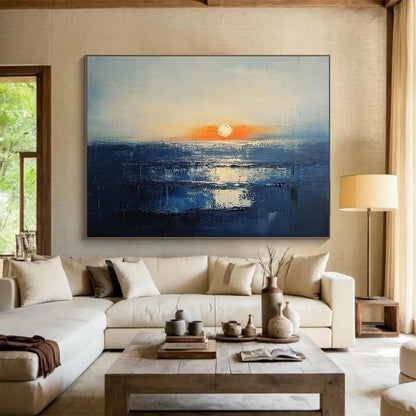 “Sunset Over the Sea” - Blue, Orange, White, Abstract Seascape Painting On Canvas HB1010