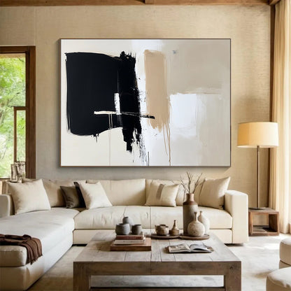 “Black Beige White Minimalist Strokes” - Black, beige, white; Minimalist abstract with bold brushstrokes HB1287
