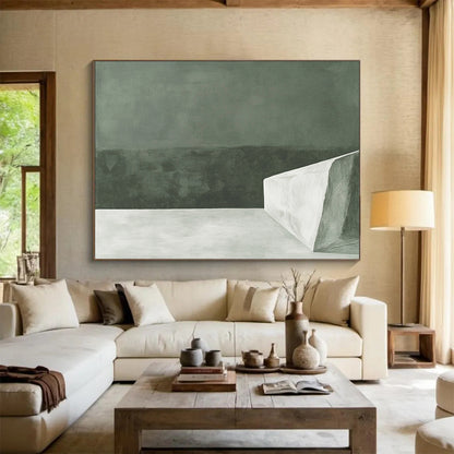 “Monochrome Minimalist Block” - Dark green backdrop with a stark white geometric form, Minimalist Abstract Painting On Canvas HB0537