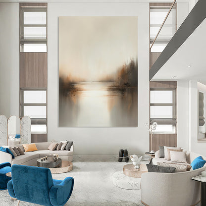 Contemporary abstract painting showcasing soft neutrals and earthy tones, enveloped in hazy light for a serene, dreamlike feel. DLZ0398