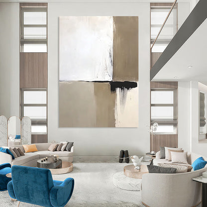 Contemporary abstract artwork featuring neutral white and beige tones accented by bold black brushstrokes simple shapes and clean lines. DLZ1604