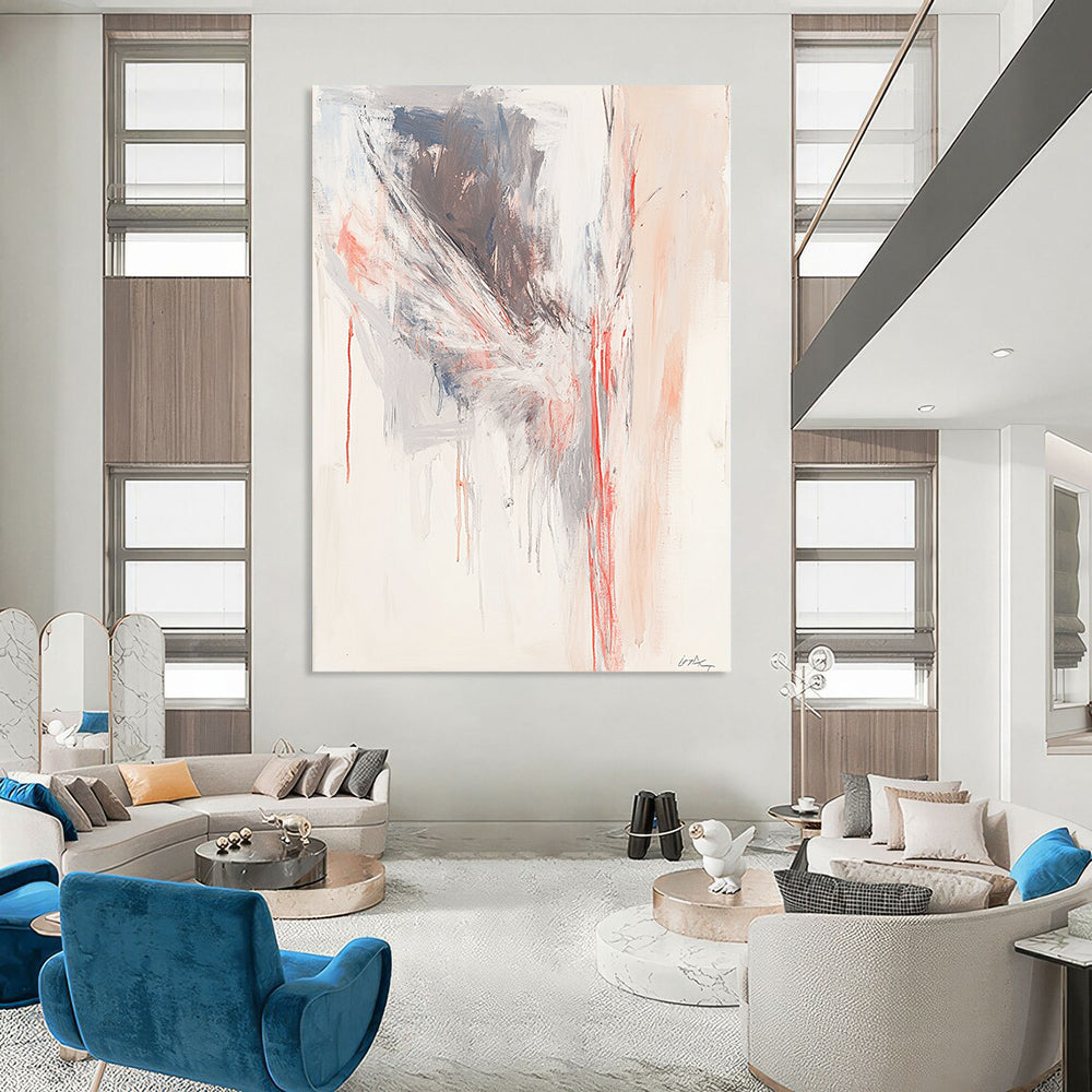 Contemporary abstract painting featuring soft red lines forming an angelian shape against a light gray and white background. DLZ0865