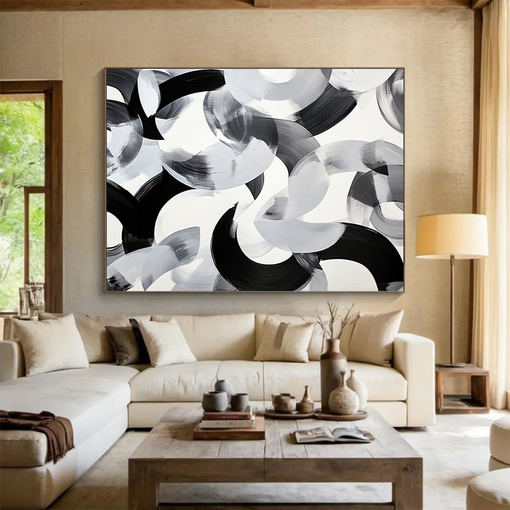 Black & Gray Intertwined Curves - “Fluid Ink Harmony” Painting On Canvas HB239
