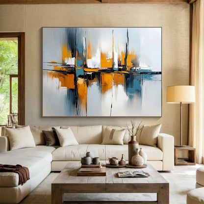 “Harbor Impressions” - Orange, Blue, Gray, Abstract Boats Painting On Canvas HB1038