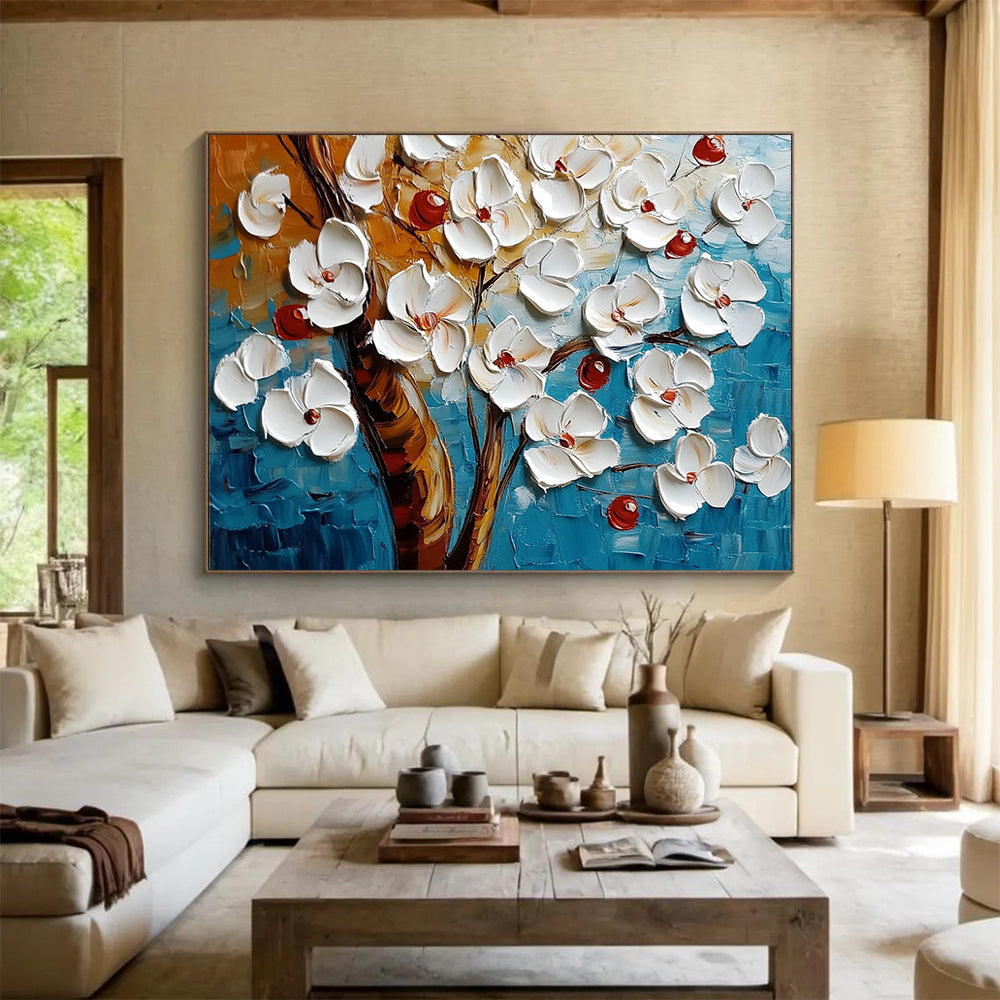 “Textured White Blossoms on Blue” - White, red, brown, blue; 3D - like white flowers on a textured blue background; Palette Knife Oil Painting On Canvas HB1198