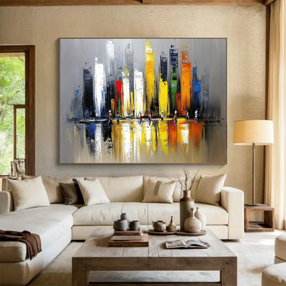 “Vibrant Cityscape with Figures” - Gray, Yellow, Red, Blue, Colorful Urban Scene - Impasto Acrylic Painting HB1669