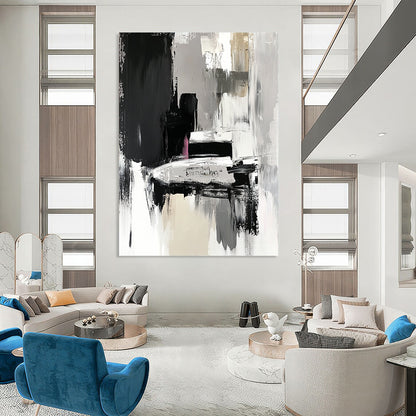 Contemporary hand-painted abstract artwork in black and grey features expressive brushstrokes with fluid shapes and textured surfaces depicting a car in an art gallery. DLZ0924