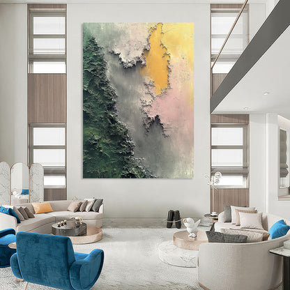 Contemporary hand-painted abstract art features aerial topography in soft greens and grays with islands in light pink and dark gray evoking mystery. DLZ0568