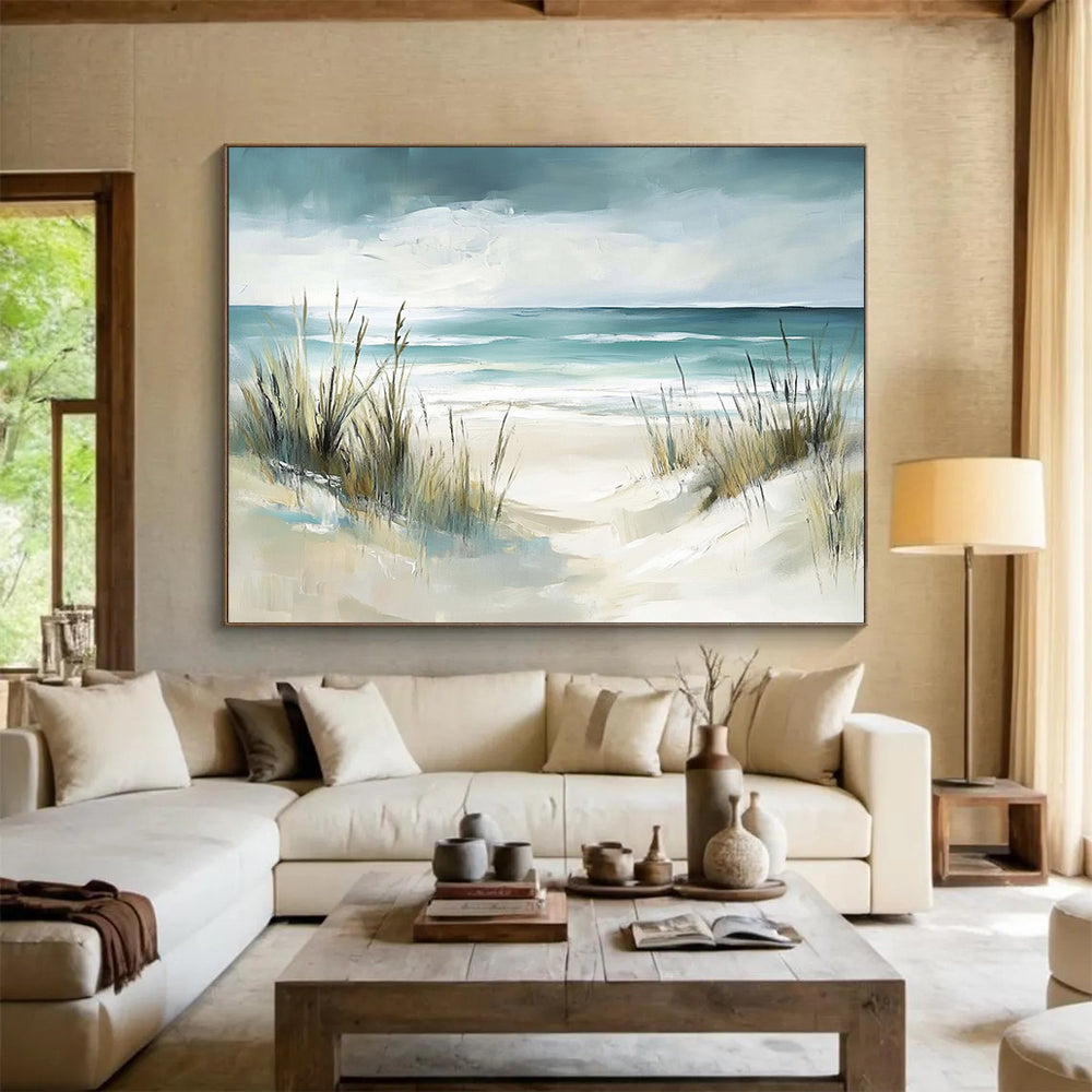 “Beach Path With Grasses” - Teal, Beige, Impressionist Beach Scene On Canvas HB0698