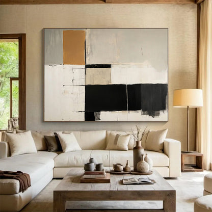 “Neutral Grid Abstract” - Black, White, Brown, Grid - Like Shapes - Modernist Acrylic Painting HB1518