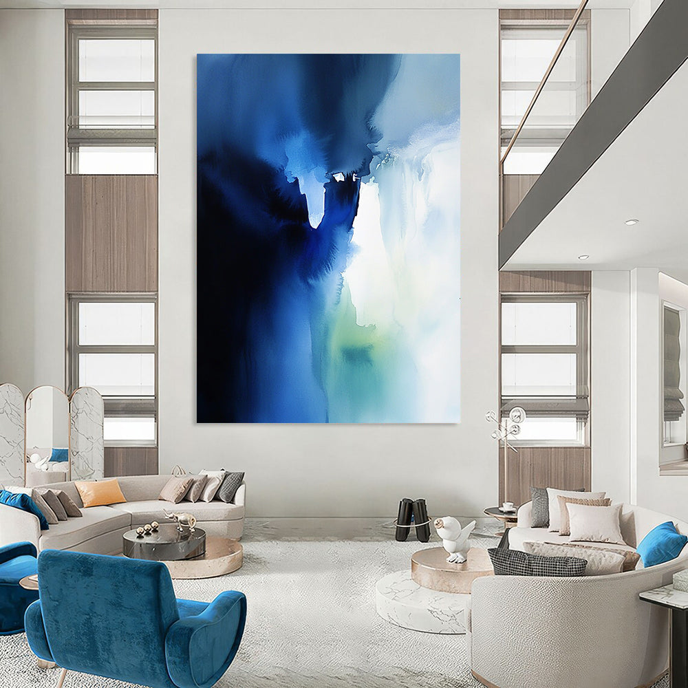 Contemporary abstract watercolor artwork featuring an ethereal ice wall in blue and white with translucent layers and sky-blue shadows. DLZ1081
