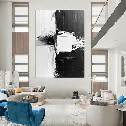Contemporary abstract painting features dynamic black and white textures with expressive brush strokes and vibrant paint splashes on canvas. DLZ0309