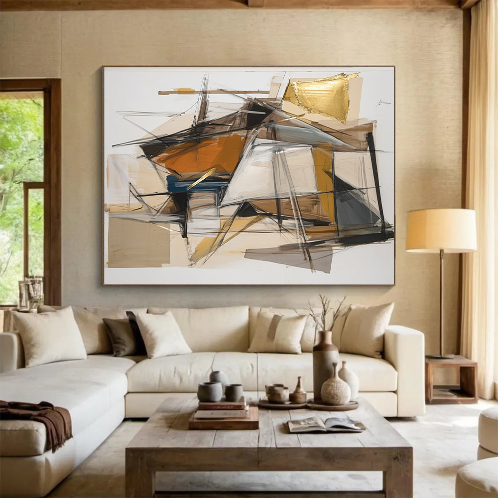 Earth - Toned Geometric Shapes with Gold Accents - “Urban Mosaic Fusion” Painting On Canvas HB201