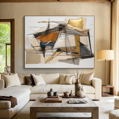 Earth - Toned Geometric Shapes with Gold Accents - “Urban Mosaic Fusion” Painting On Canvas HB201