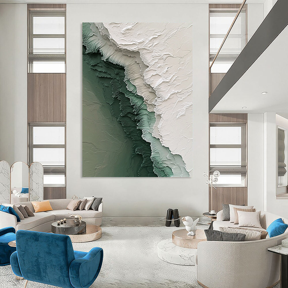 Contemporary hand-painted abstract art featuring intricate Antarctic ice textures with flowing icy streams in white green and gray tones. DLZ1180