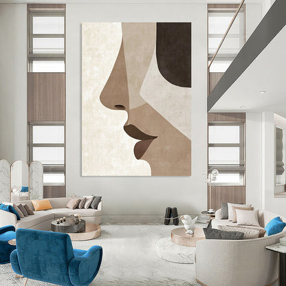 Contemporary hand-painted abstract art showcases minimalist Japandi style with simple facial features and a serene palette of earthy tones. DLZ1628