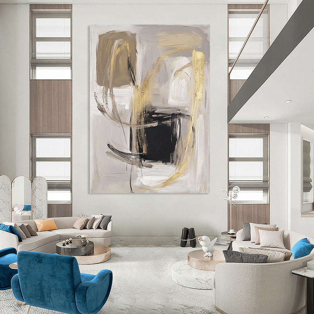 Contemporary abstract artwork featuring bold brush strokes in soft gray and beige with gold accents a minimalistic composition on a white background. DLZ0751
