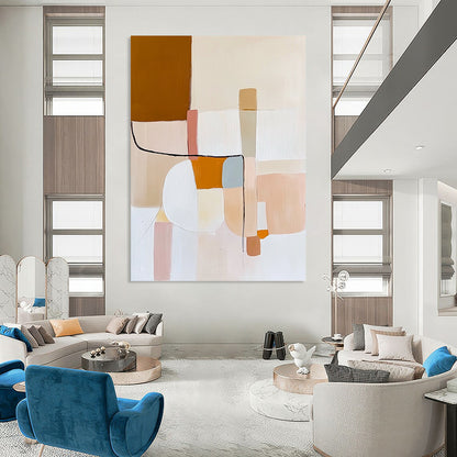 Contemporary abstract oil painting featuring minimal shapes and lines in beige, white, pastel pink, light blue, orange, and brown inspired by Matisse. DLZ0488