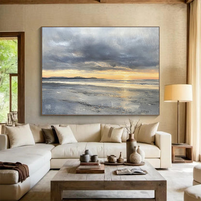 “Stormy Sunset Beach” - Grays, Oranges, Yellows, Coastal Sunset - Impressionist Oil Painting HB1595