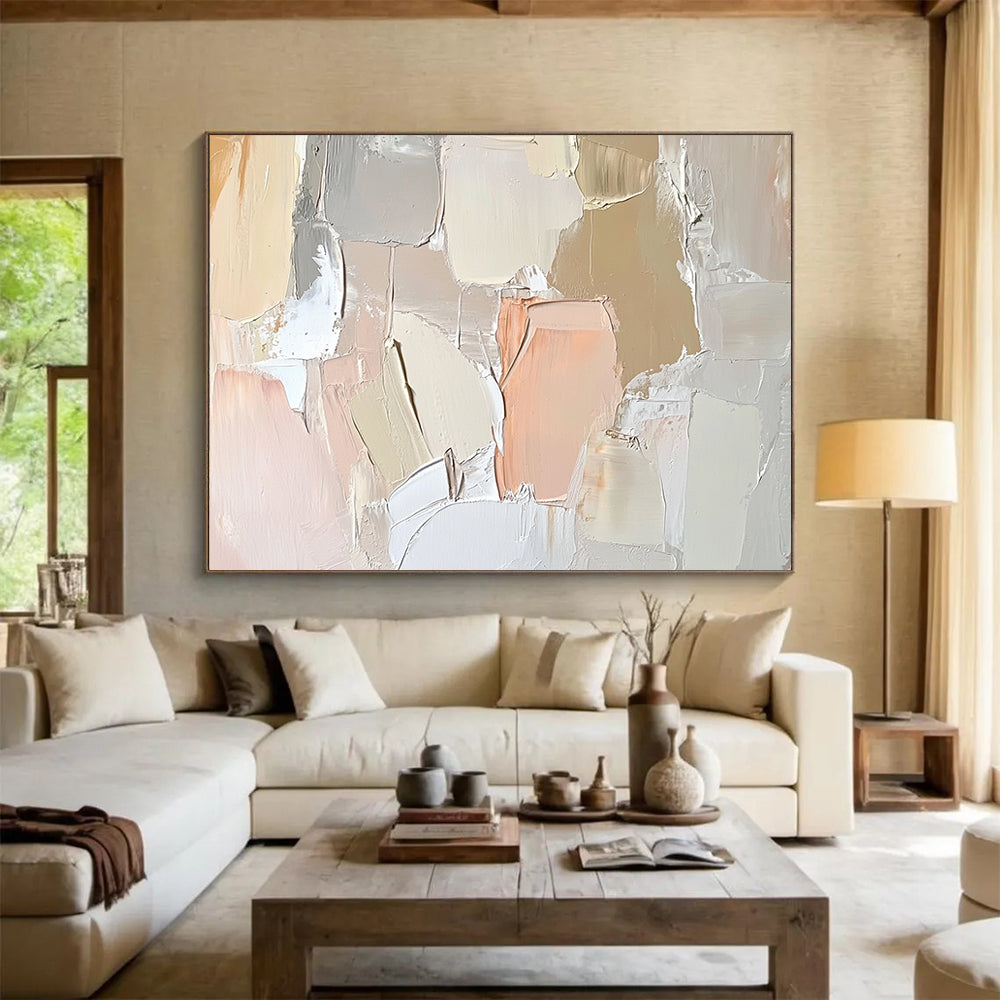 “Pastel Abstract Texture” - Beige, Pink, White, Soft Textured Painting On Canvas HB1013