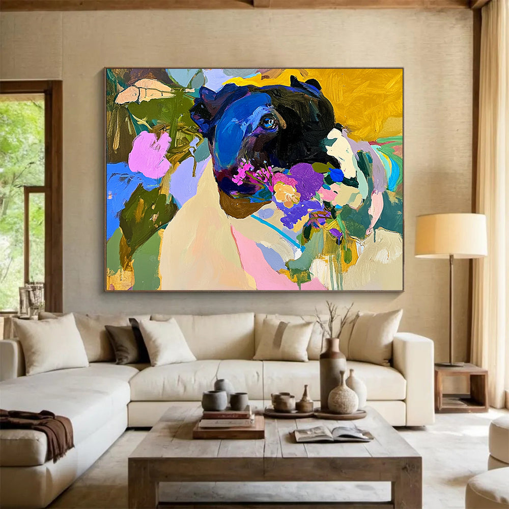 “Colorful Dog with Flowers” - Black dog, colorful flowers, vibrant background, Expressive Animal Painting On Canvas HB0600