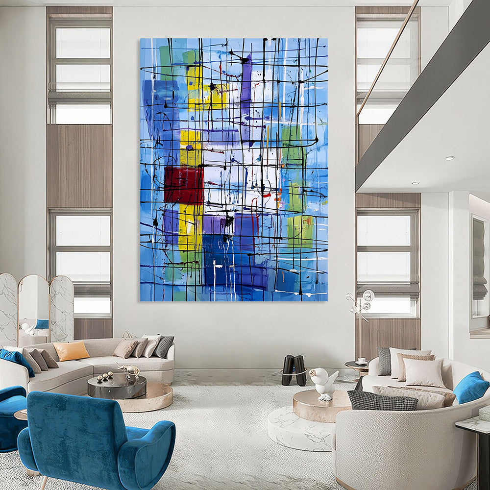 Vibrant contemporary abstract art featuring dynamic lines and shapes with a New York City office backdrop highlighting the complexity of life and emotion. DLZ1236