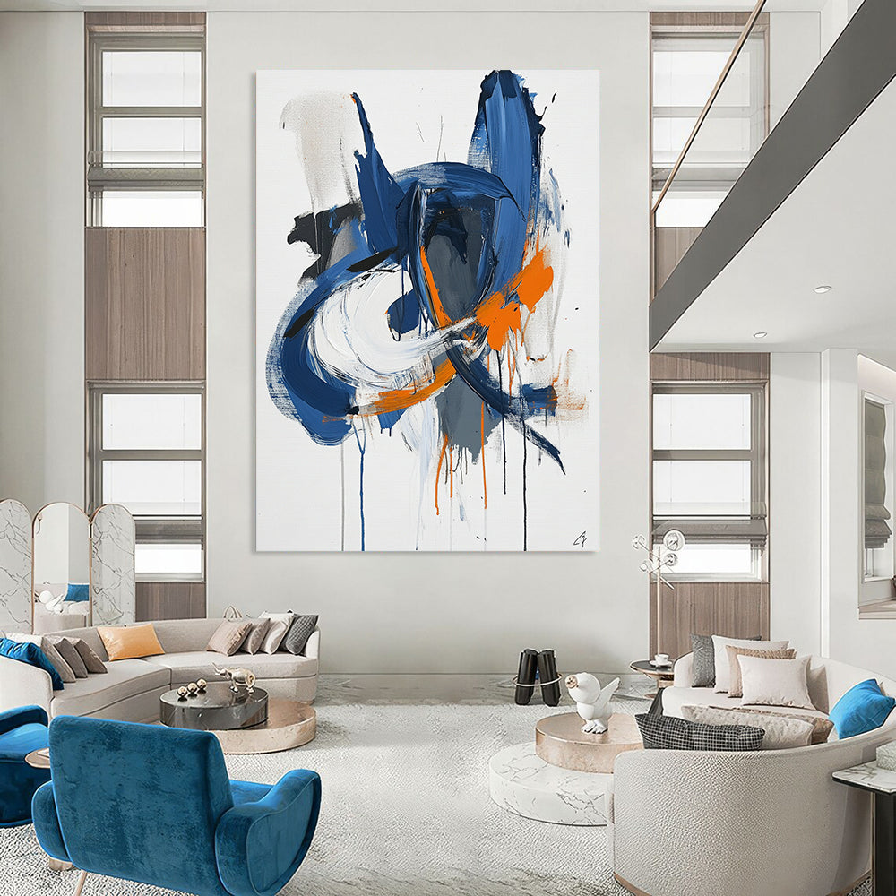 Contemporary abstract artwork features blue white and orange lines with paint drips and organic shapes on paper minimalist style by Sai Ren Wong. DLZ1027