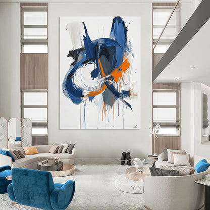 Contemporary abstract artwork features blue white and orange lines with paint drips and organic shapes on paper minimalist style by Sai Ren Wong. DLZ1027