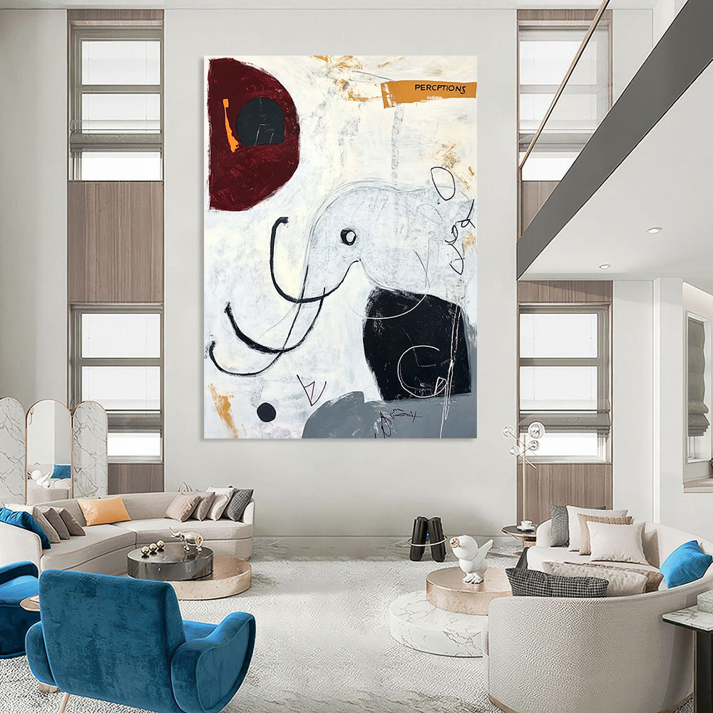 Contemporary hand-painted abstract art featuring an elephant in black lines and circles with a modern surrealistic style that evokes happiness. DLZ1071