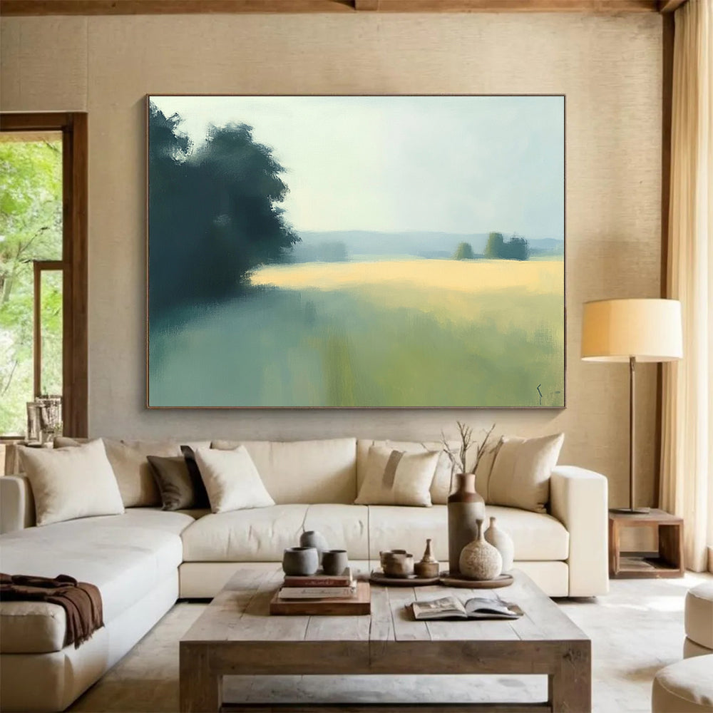 “Misty Field Landscape” - Green, yellow, blue, soft focus, Impressionist Landscape Painting HB0620