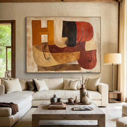 “Abstract Letters & Shapes” - Brown, Orange, Red, Geometric Abstract Painting On Canvas HB0678