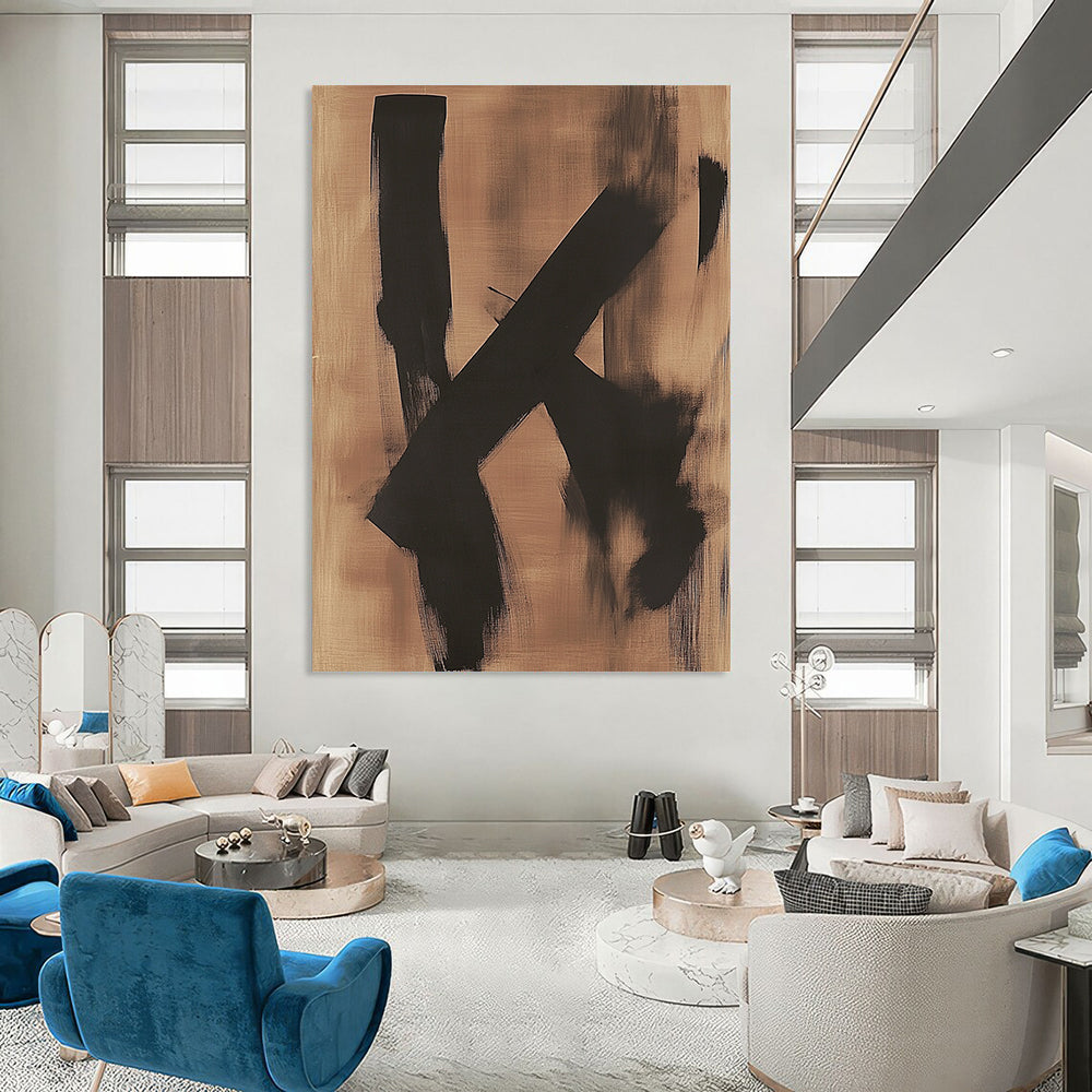 Contemporary hand-painted abstract artwork featuring two black shapes on a dreamy bronze background evoking a sense of melancholy. DLZ1423