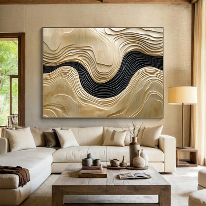 “Wooden Wave Carvings” - Light Wood, Black, 3D Abstract Wave Forms - Wood Art HB1634