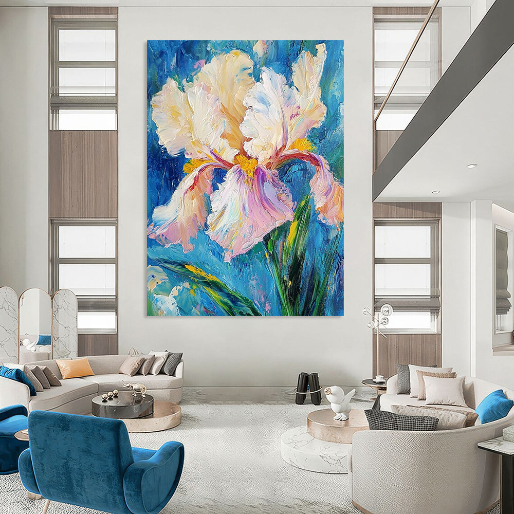 Contemporary abstract art featuring an iris flower with thick impasto brush strokes in white and pink, yellow hints, and teal green leaves against a blue background. DLZ1671