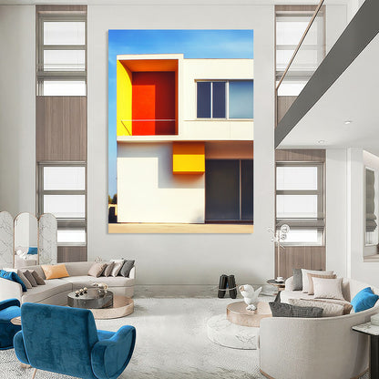 Contemporary abstract art featuring a minimalist white structure with vivid orange and yellow accents set against a clear blue sky background. DLZ1640