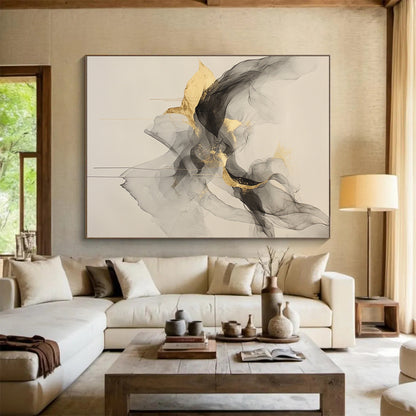 Beige, Gray, Gold, Flowing Shapes "Ethereal Elegance" Abstract Painting On Canvas HB025