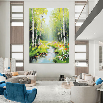 Vibrant contemporary hand-painted abstract artwork featuring birch trees and spring flowers illuminated by sunlight with a serene stream enhancing the natural beauty. DLZ1123